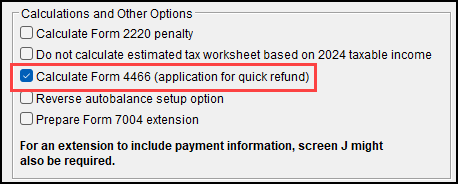 Image of "Calculate Form 4466" check box on PRNT screen